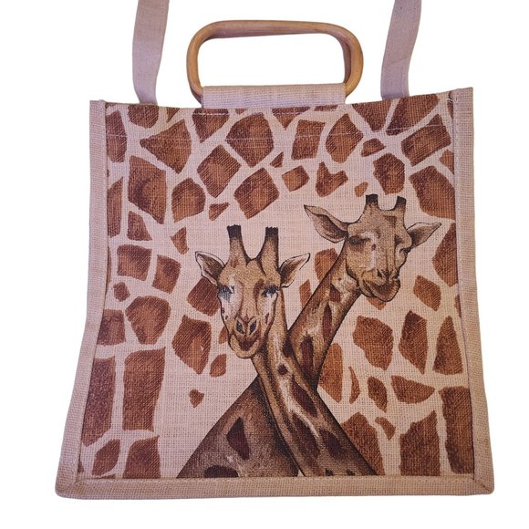 Giraffe Tote with wooden handle and strap - Picture 4 of 16